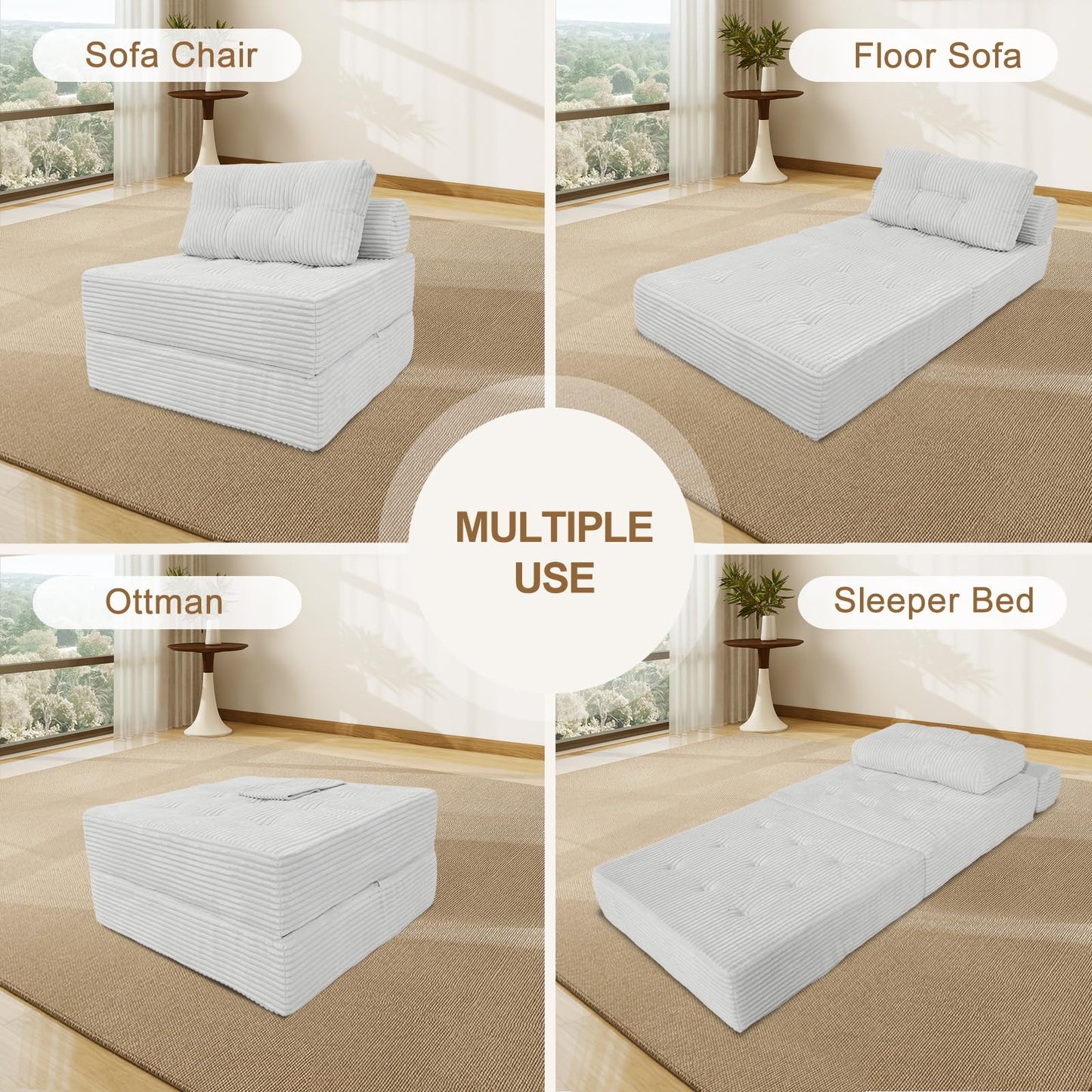 ANONER Memory Foam Folding Sofa Bed, Sectional Couches with Pillow, Futon Floor Couch, Versatile Convertible Sleeper Chair, Boneless Chaise Lounge, Fold Out Chair Bed for Living Room, Beige