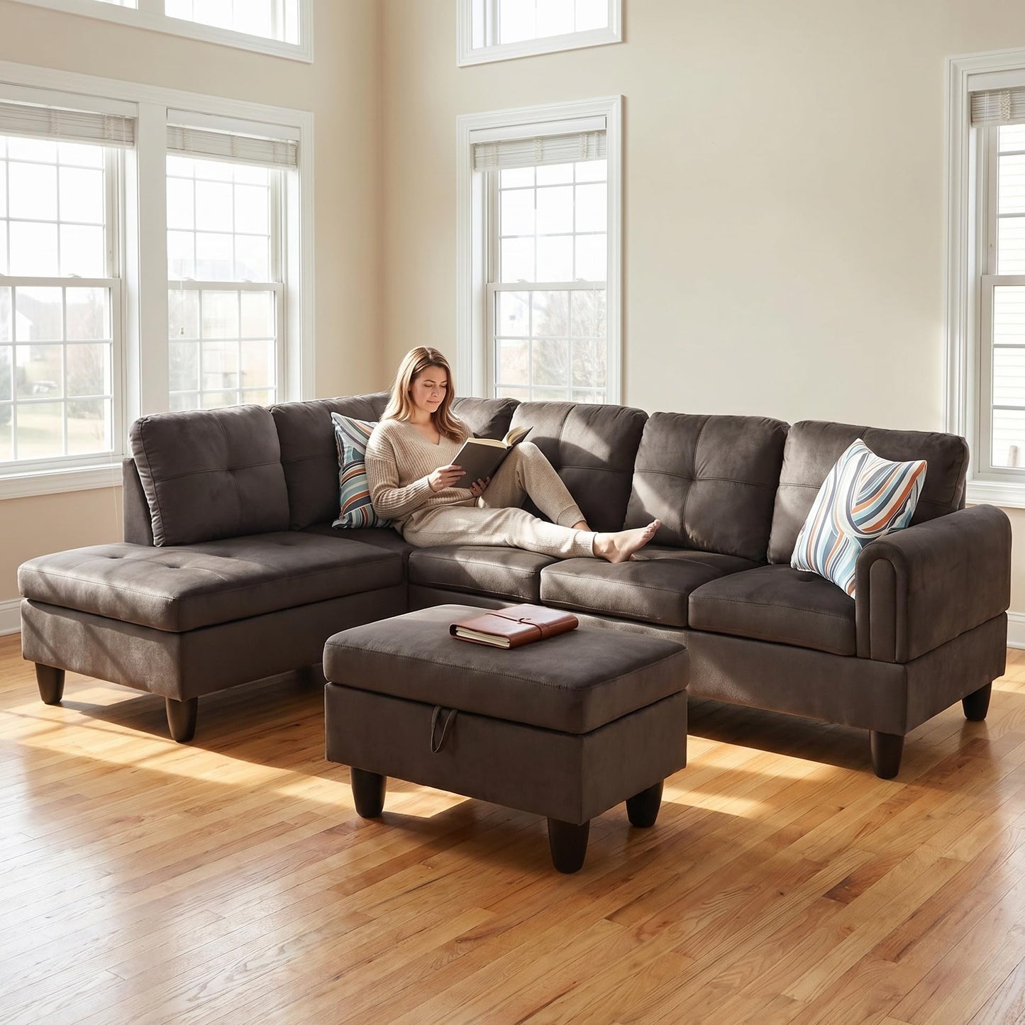 Trygoal 3-Piece L-Shaped Modular Leather Sofa – Convertible Sectional Couch with Movable Chaise & Storage Ottoman, Multi-Scene Use for Living Room, Apartment & Office, Dark Brown