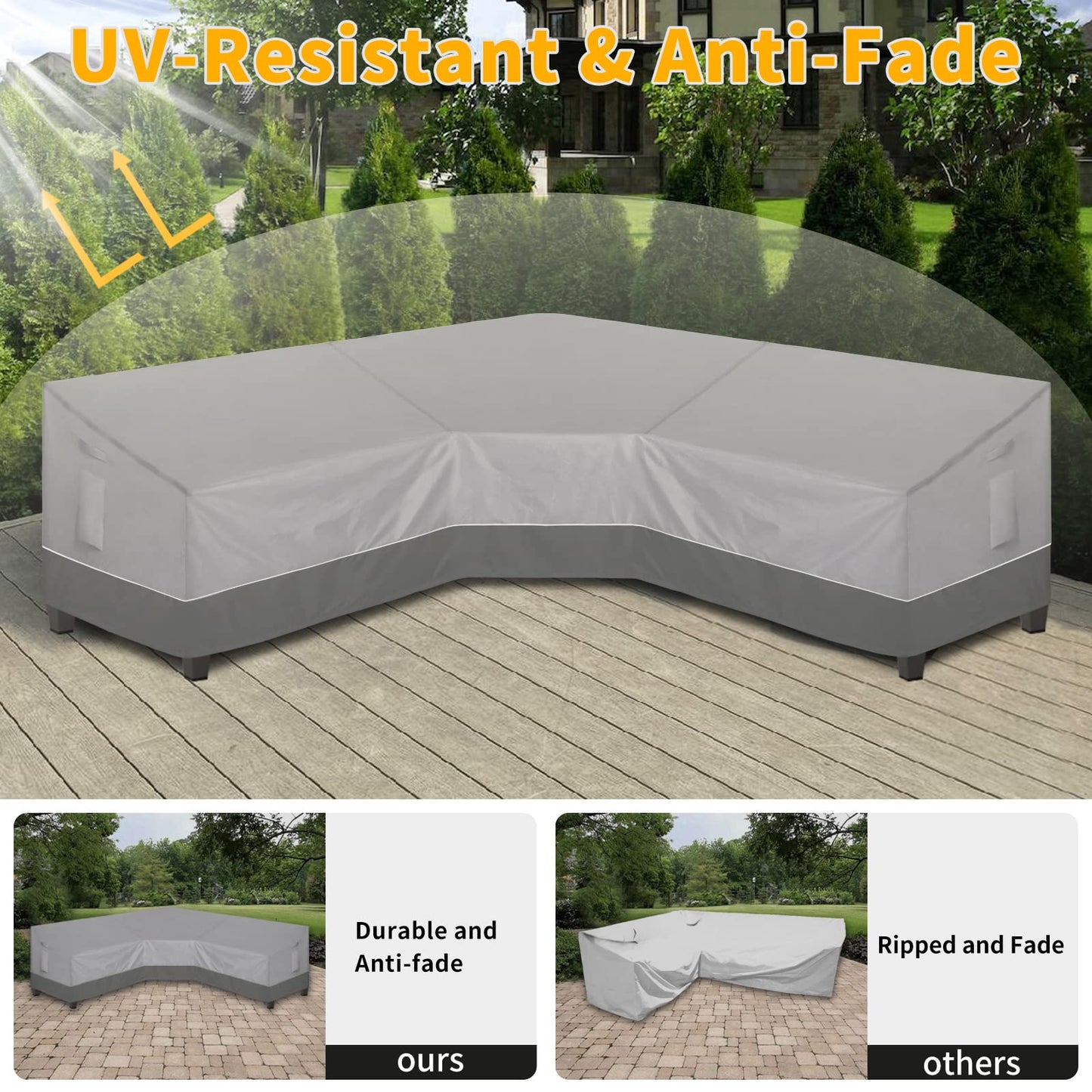 Easy-Going Outdoor V-Shaped Sectional Sofa Cover 118"X118" UV Resistant Patio Sectional Couch Cover Waterproof Lawn Patio Furniture Cover, Gray/Dark Gray