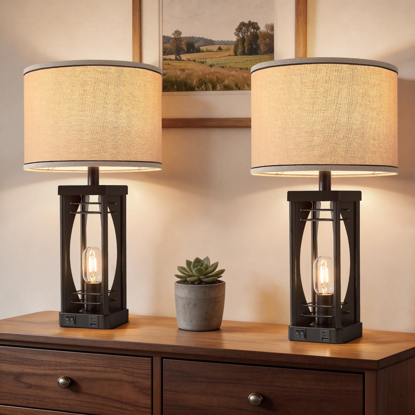 SRJJA Farmhouse Table Lamps Set of 2 for Living Room, Rustic Nightstand Lamps with USB A+C Charging Ports, 22.5" Dual Light Industrial Bedside Lamp with Linen Shade for Bedroom End Tables