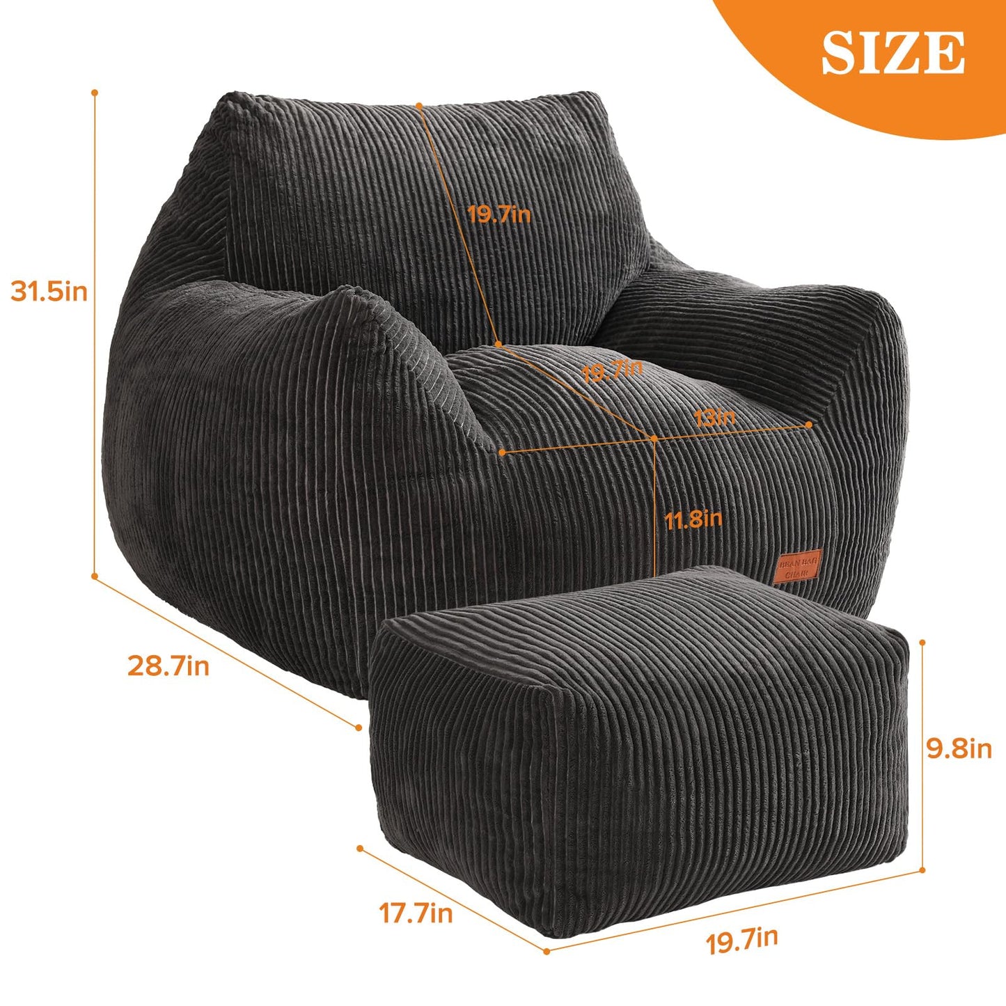 Vellorise Big Bean Bag Chair for Adults, Ultra Soft Living Room Bean Bag with Armrests & Ottoman, Stuffed BeanBag Chair for Napping, Gaming, Vacuum-Compressed for Easy Gifting, 48h to Expand Dark Gray