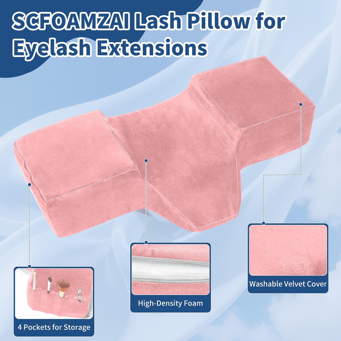 SCFOAMZAI Lash Pillow for Eyelash Extensions - Ergonomic Memory Foam Bed Pillow with Neck & Back Support, Removable Velvet Cover & Side Tool Pockets, Fits Lash Beds for Tech (Pink)