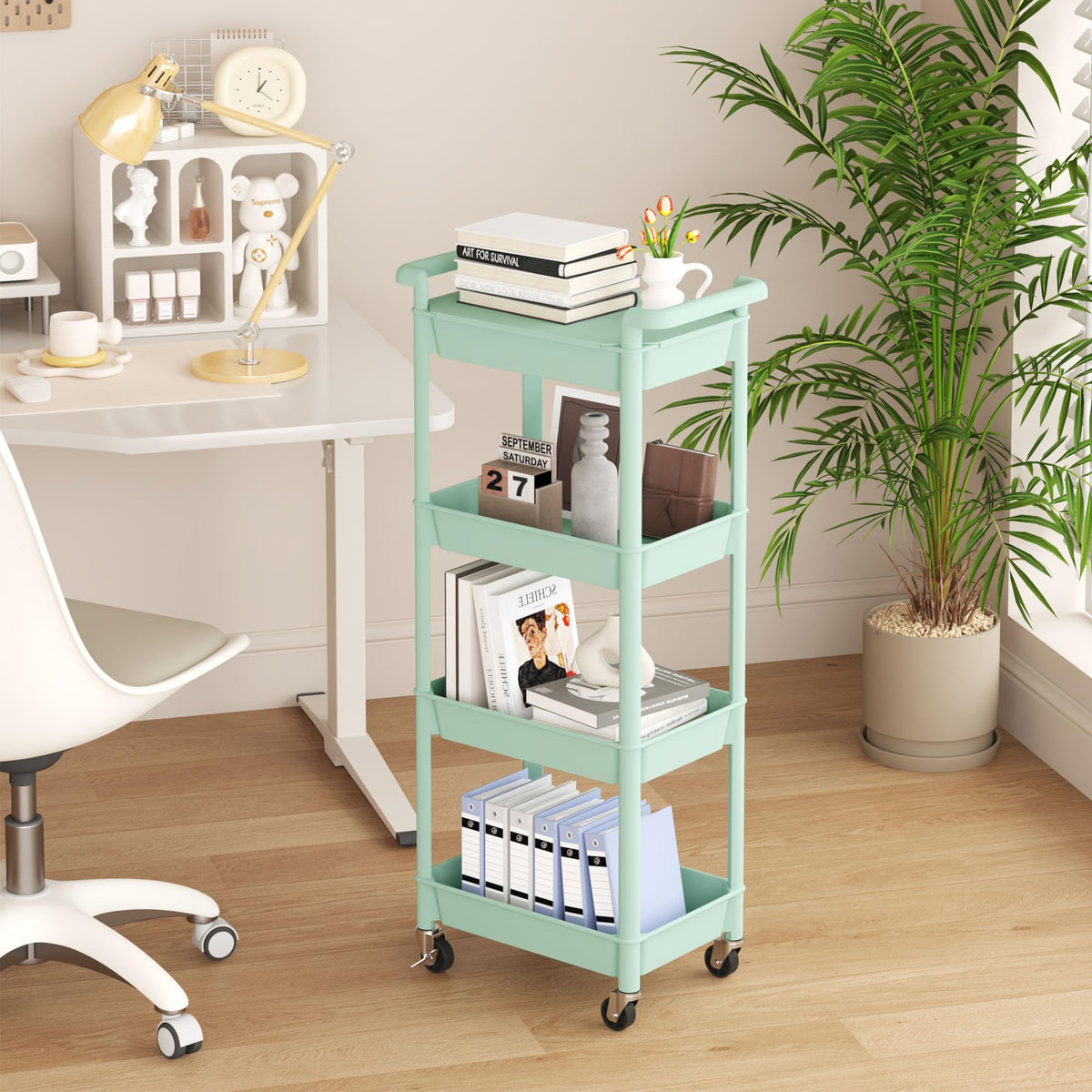 MIOCASA Utility Rolling Cart with Detachable Tray Top, 4-Tier Kitchen Storage Organization, Art Cart with Wheels for Office, Classroom, Livingroom, Kitchen, Bathroom (Green, 4-Tier-Plastic)