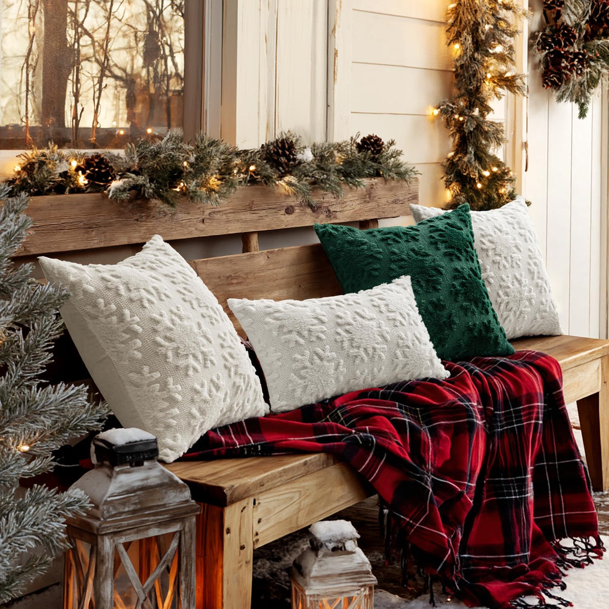 MIULEE Christmas Snowflake Decorative Throw Pillow Covers Set of 2,Soft Fluffy Faux Wool Winter Holiday Couch Pillows for Farmhouse Boho Home Decor Sofa Bed Porch Living Room 20x20 Inch Pure White