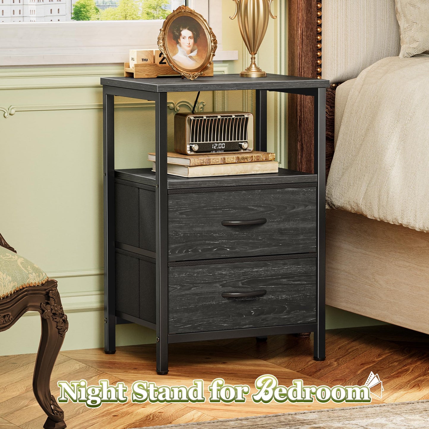 Huuger Night Stand Set of 2, Nightstand with 2 Drawers, Bed Side Table with Open Shelf, Wooden Top, End Table, Fabric Drawer with Charcoal Black Wood Grain Print, for Bedroom