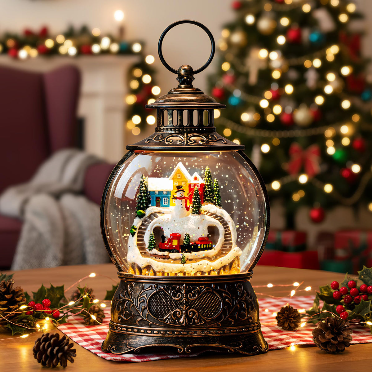 Christmas Village Snow Globe Lantern – LED Musical Swirling Glitter Water Globe, Snowy Village with Train, Battery or USB Powered, Auto Timer – Tabletop Decor & Gift