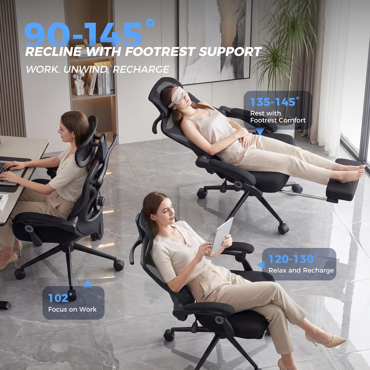 Ergonomic Office Chair - Adjustable Lumbar & Headrest, 90-160° Reclining with Footrest, Breathable Mesh Back - Home Office/Gaming Computer Chair (Modern, Black)