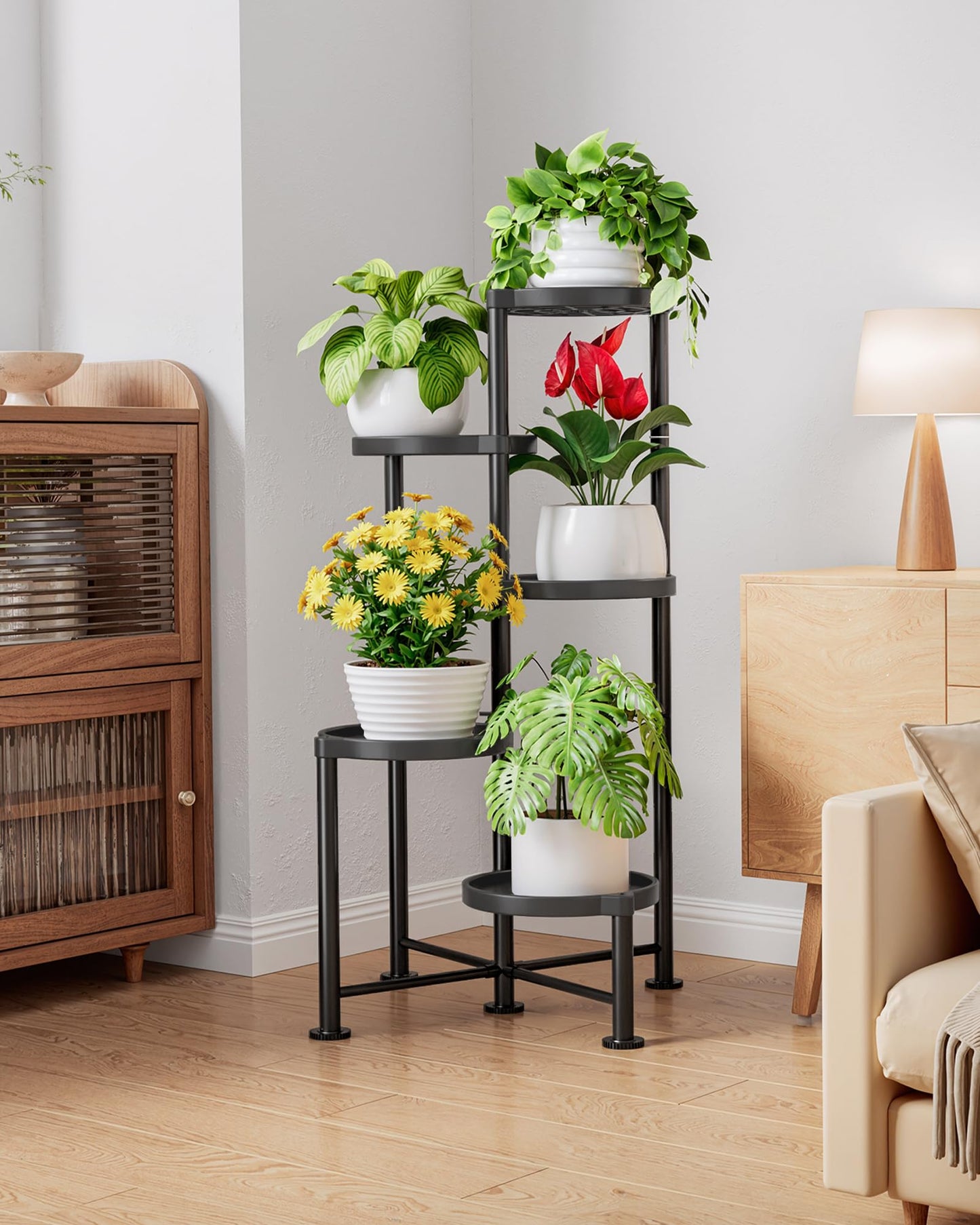 Kitsure Plant Stand Indoor & Outdoor - 5-Tier Plant Shelf with Deep Trays & Leveling Feet, Easy Assembly, Space-Saving Tiered Plant Stand for Bedroom, Living Room, Porch, Black