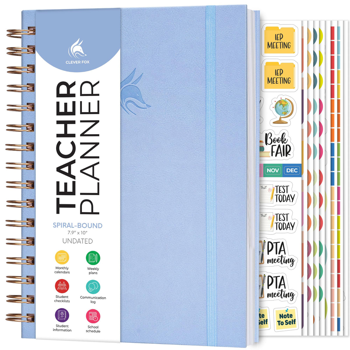 Clever Fox Teacher Planner Spiral – School Year Planner with Calendars & Lesson Plans – Teacher Plan Book for Classroom & Homeschool Organization - Undated, 7.9x10″ (Periwinkle)