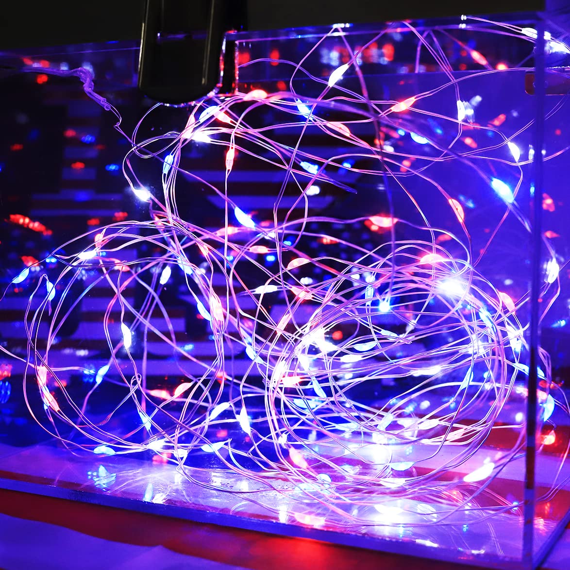 4th of July Decorations Fairy Lights Patriotic, 2 Pack 100LED Copper String Lights Outdoor Twinkle Lights for Fourth of July, Christmas, Memorial Day, Independence Day Decor- Red White Blue