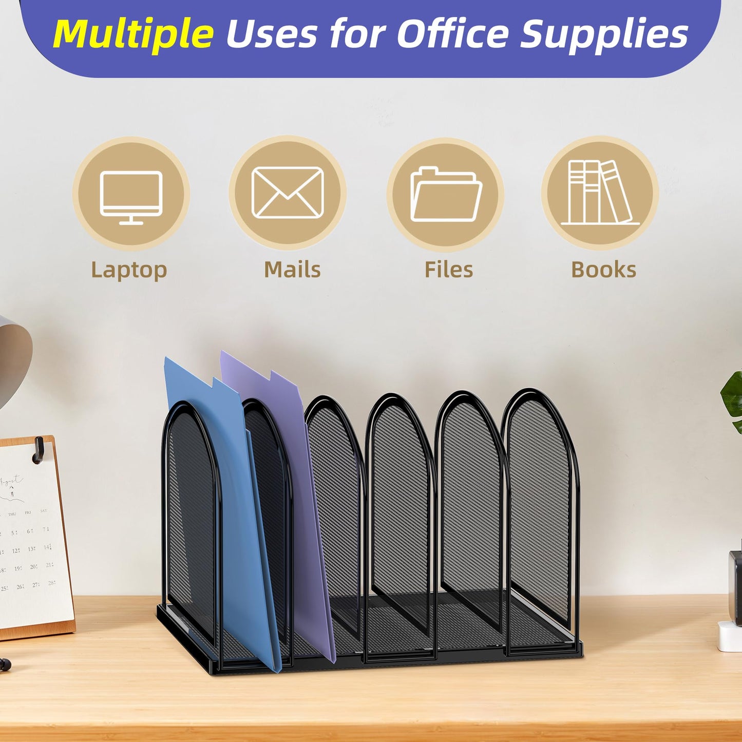 SUPEASY File Organizer for Desk, 5-Section Mesh Desk Organizer, Vertical File Holder Desktop Organizer File Sorter, File Folder Holder for Office Supplies, Black