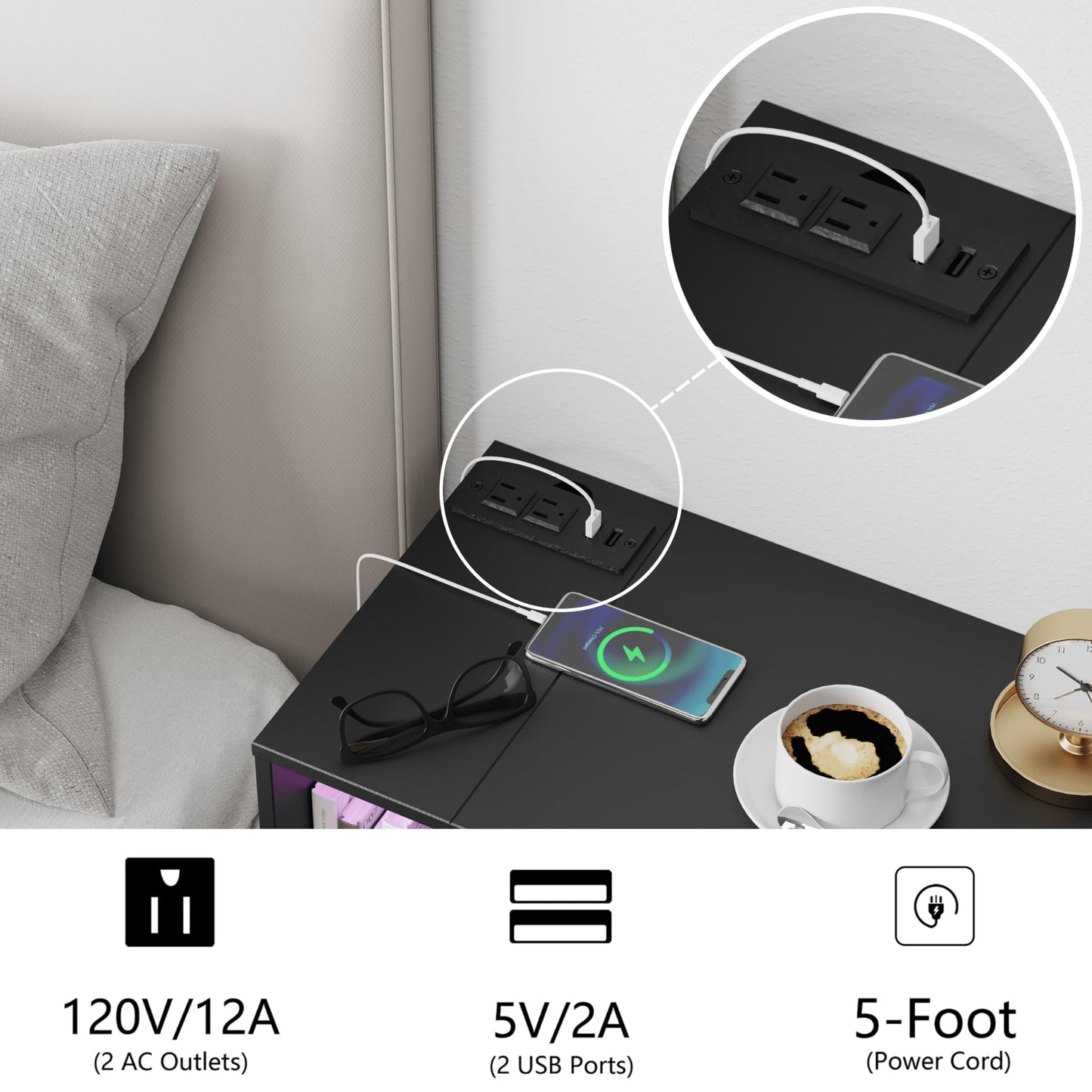 Veegle Black Floating Nightstand with Charging Station and LED Lights,Black