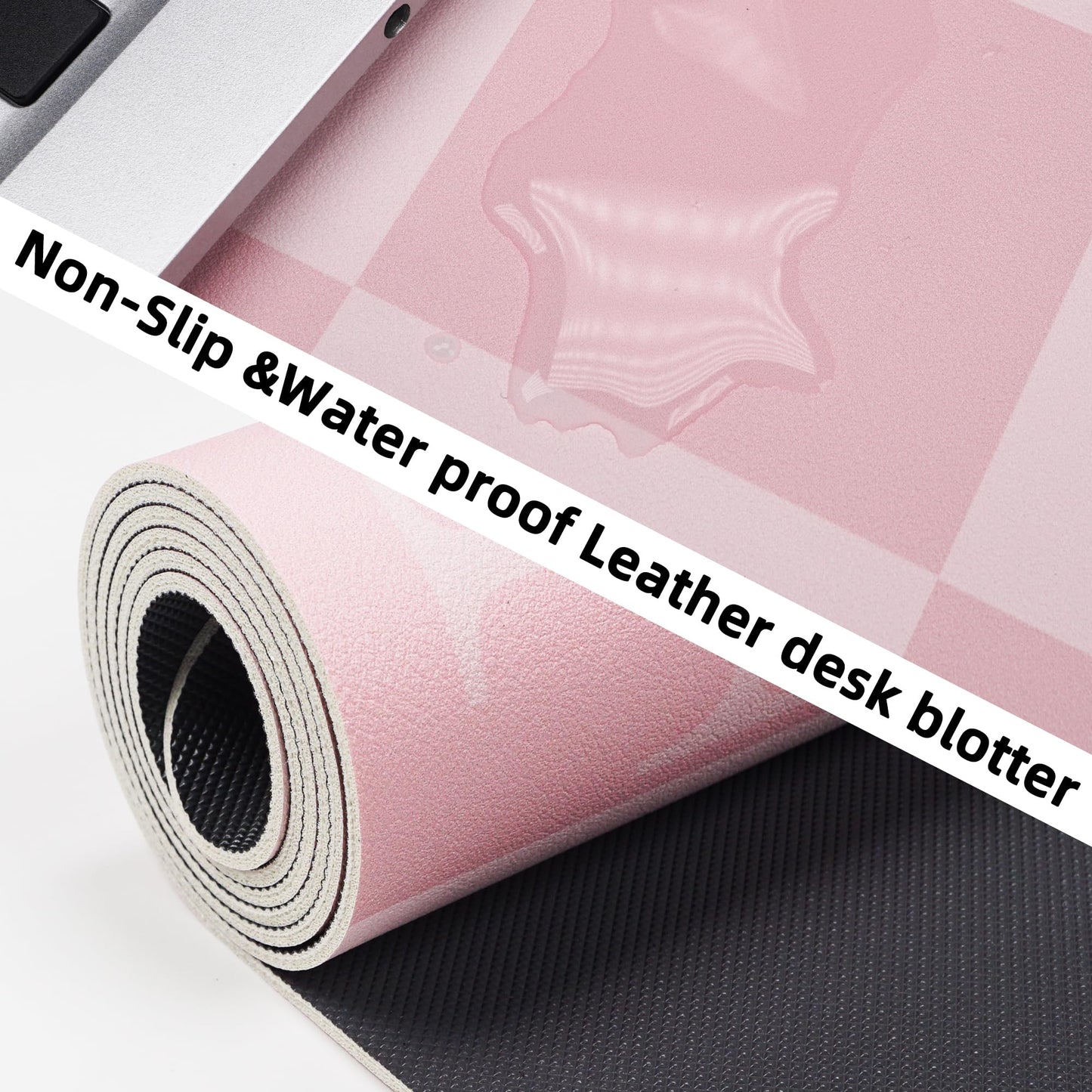AFIING Pink Checkered Desk Mat, Cute Desk Accessories for Women, Waterproof PU Leather Desk Pad, Large Mouse Pad, Aesthetic Desk Decor for Home Office (31.5" x 12")