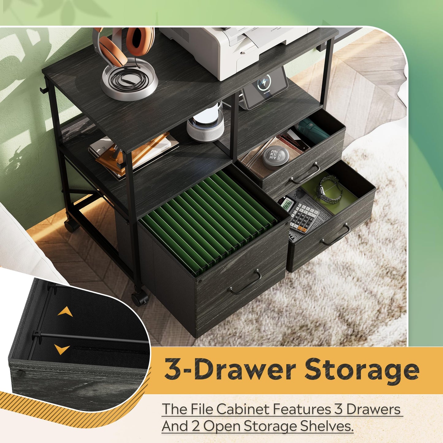 DEVAISE 3 Drawer File Cabinet with Charging Station, Rolling Printer Stand for Office Storage, Mobile Filing Cabinet fits Under Desk Storage, Charcoal Black Wood Grain Print