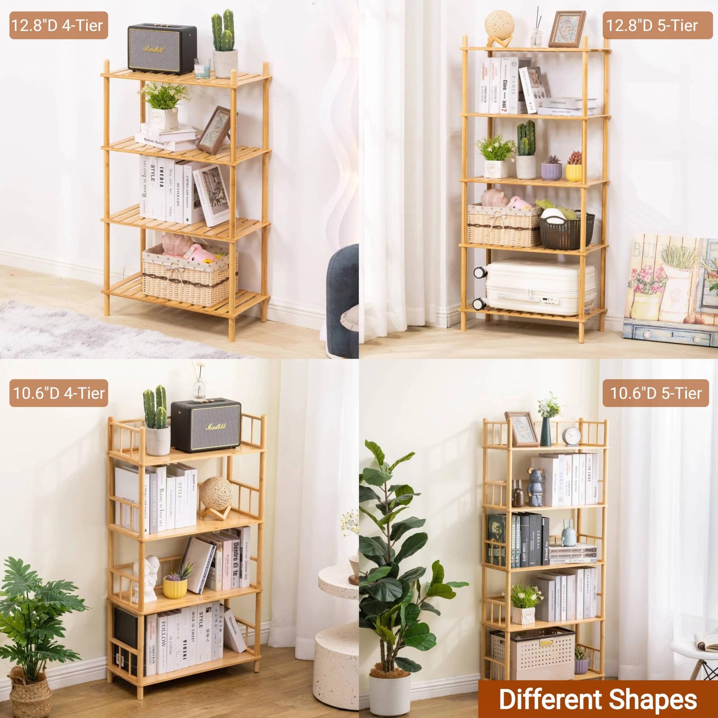 GOGOGO 4-Tier Expandable Bamboo Bookshelf - 150LBS Heavy-Duty, Tool-Free Assembly, Multifunctional Storage for Bathroom/Kitchen/Office Holder Plant Flower Stand (Natural, 4-Tier 10.6" D)