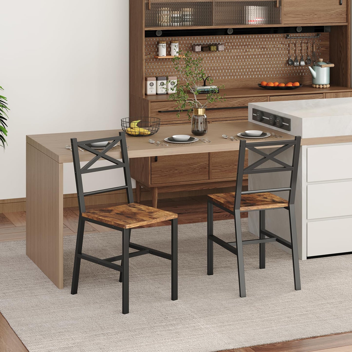 MAHANCRIS Dining Chair Set of 2, Rustic Wooden Kitchen Chairs with Backrest, Farmhouse Dining Chairs for Kitchen, Industrial Style Chair with Metal Frame, Easy Assembly, Rustic Brown TBHR1001