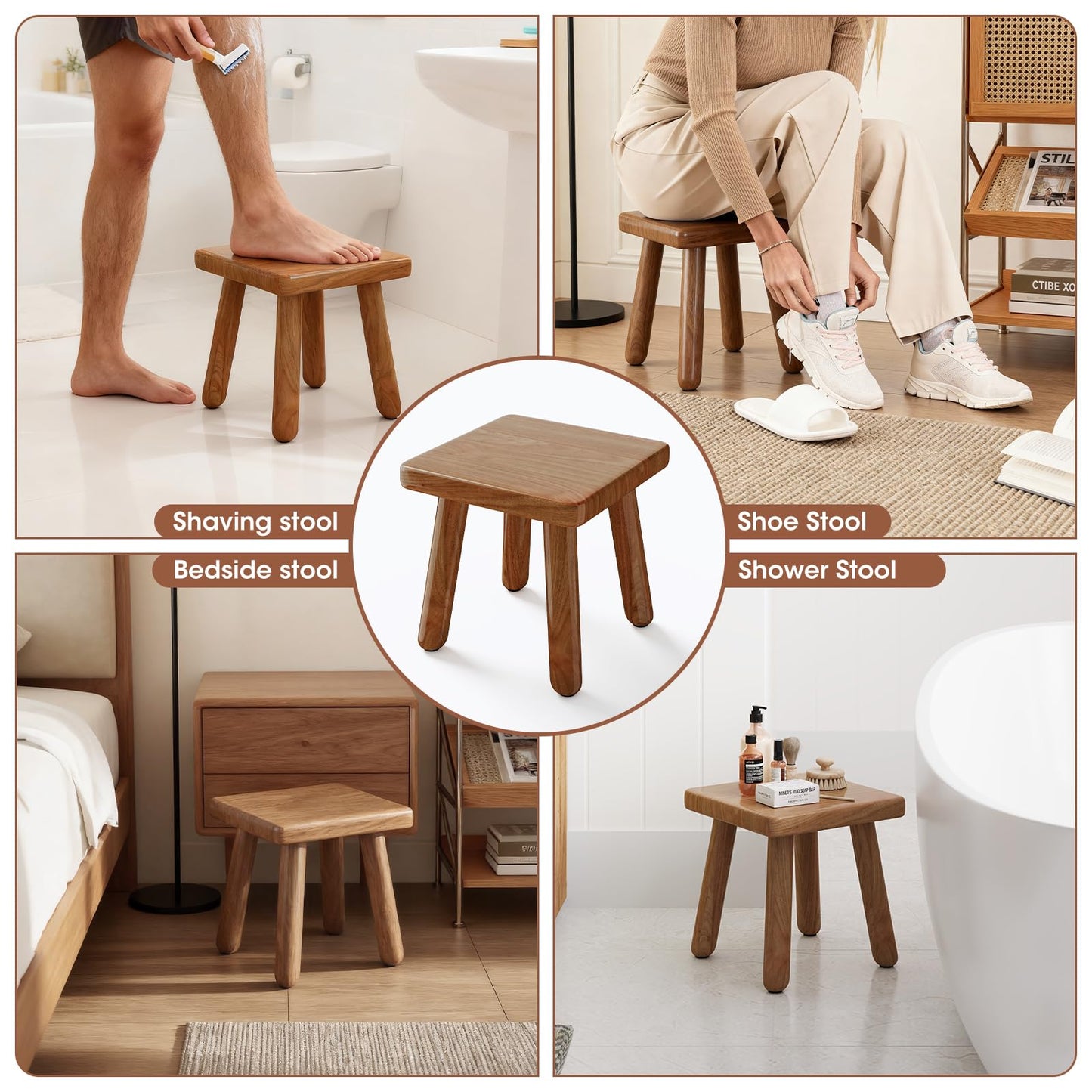 9 Inch Small Wooden Step Stool, multi-functional footstool, shoe changing stool, indoor plant stand, portable and sturdy, suitable for living room, kitchen, bedroom, bathroom (Walnut wood color)