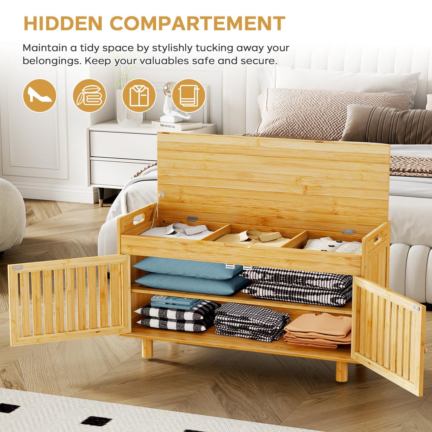 oakvivo Bamboo 35.4in Shoe Storage Bench with Lift Top Storage & Padded Seat Cushion, 2-Tier Shoe Rack Cabinet with 2 Doors for Entryway, Living Room, Bedroom, Mudroom, Natural