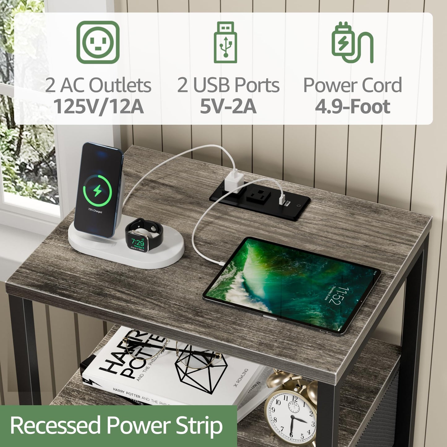 BOLUO Gray Nightstand with Charging Station, LED Night Stand with 2 Fabric Drawers, Bedside Table with USB Ports and Outlets, Nightstand for Bedroom Modern