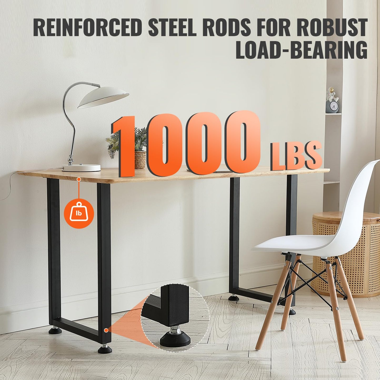 VEVOR 28 Inch Adjustable Furniture Legs, Square Reinforced Steel Office Table Legs Set of 2 for DIY, Max Load 1000 lbs Heavy Duty Desk Legs, Quick Instalation & Rich Accessories Legs Black