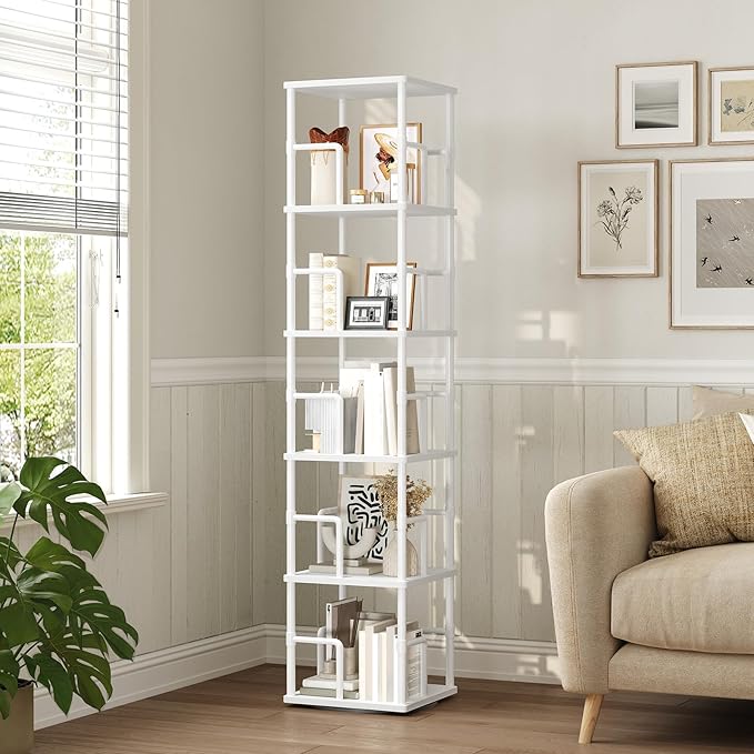 MAHANCRIS 5-Tier Rotating Bookshelf, Freestanding Corner Bookshelf, 360°