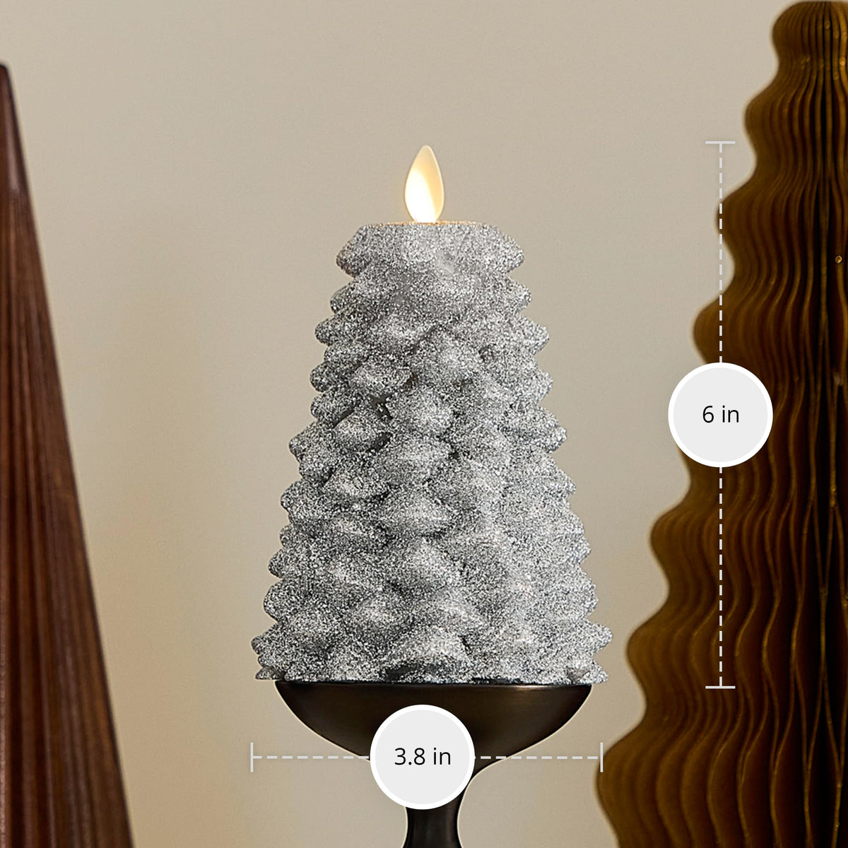 Luminara Brilliant Silver Glitter Flameless LED Candle North Tree Moving Flame Pillar (3.8" x 6")