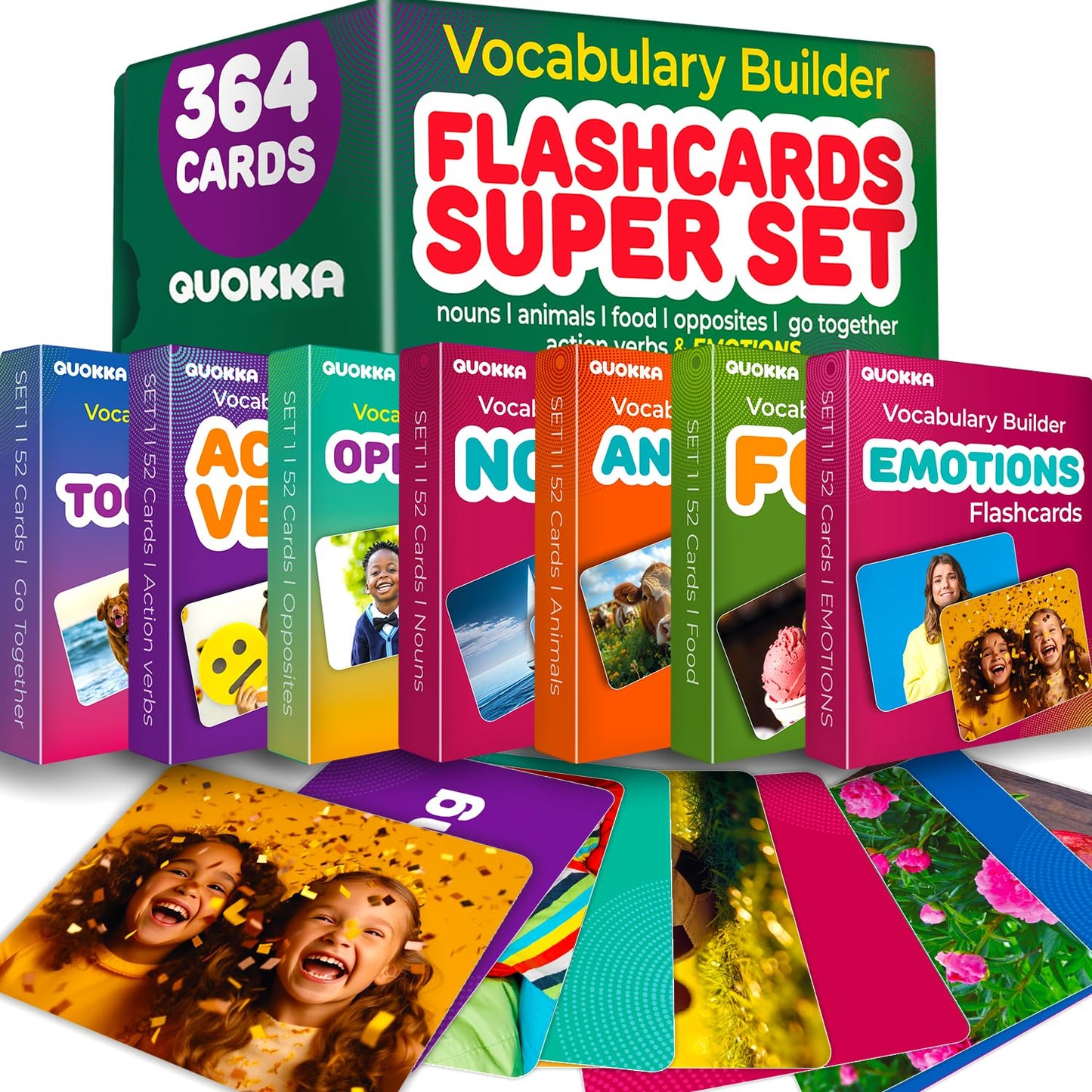 QUOKKA 364 Flash Cards for Kids Adults - Real-Life Large Preschool Flash Cards for Speech Therapy, ABA Therapy, ESL Teaching, Early Childhood Education, 7 Vocabulary Building Categories with Emotions