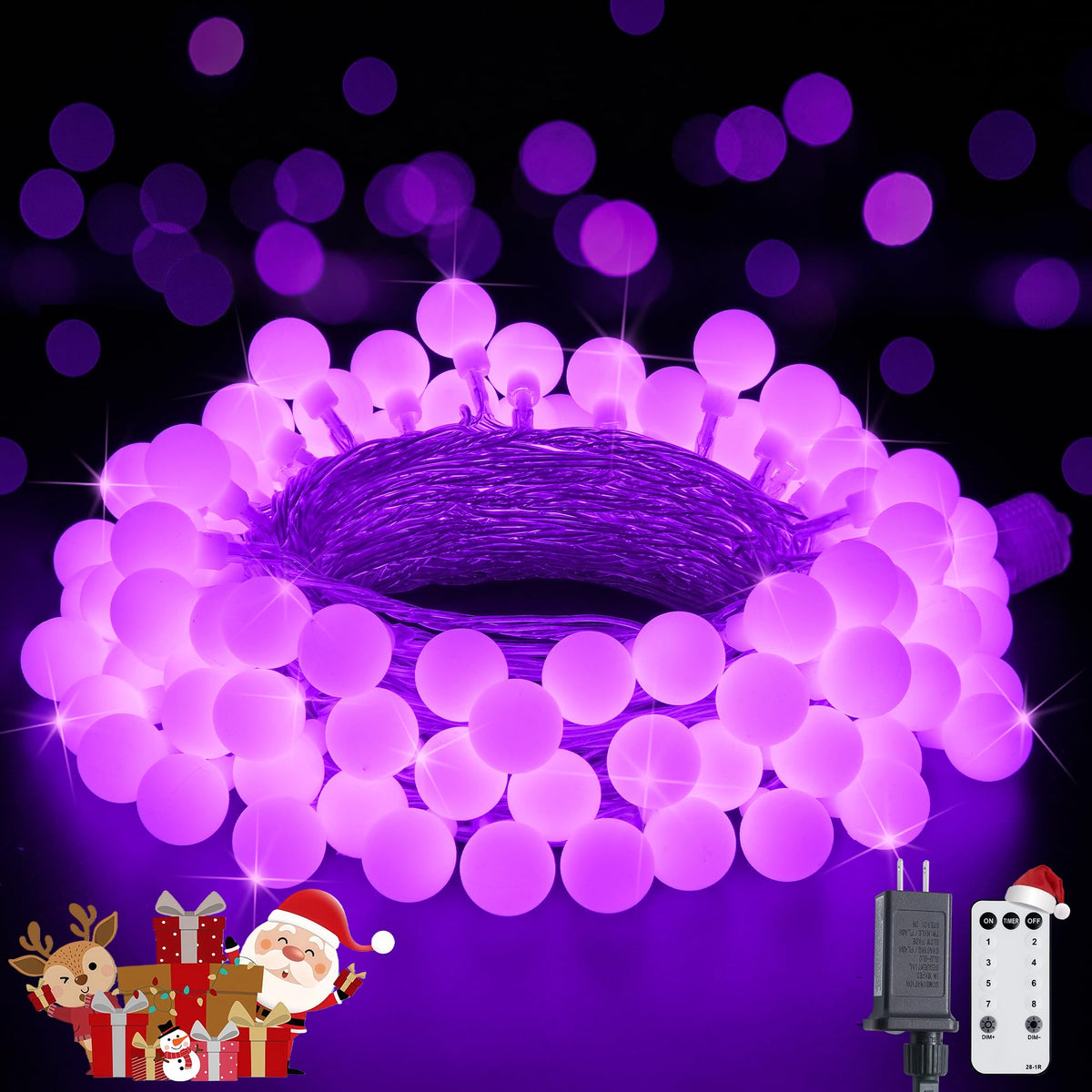 JMEXSUSS Purple Christmas Lights Indoor, Connectable 100 LED Globe String Lights Plug in with Remote, 33 ft 8 Modes Purple String Lights Outdoor for Bedroom Room Party Christmas Decor