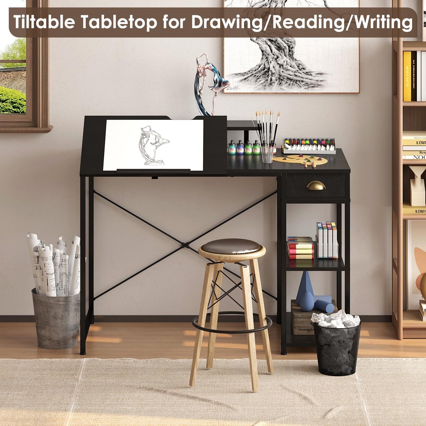 X-cosrack Drafting Table with Storage Shelves & Drawer, 43" Adjustable Art Desk with Monitor Stand for Home Office Computer, Tiltable Draft Drawing Table for Artist, Study, Writing Workstation, Black