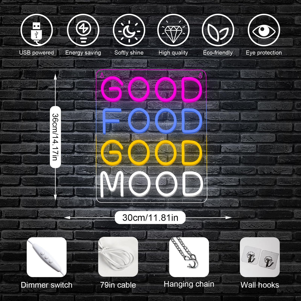 Horseneon Good Food Good Mood Neon LED Sign, Food Neon Signs for Wall Decor, Good Food Good Mood Neon Light with USB Powered for Snack Shop, Restaurant, Fast Food