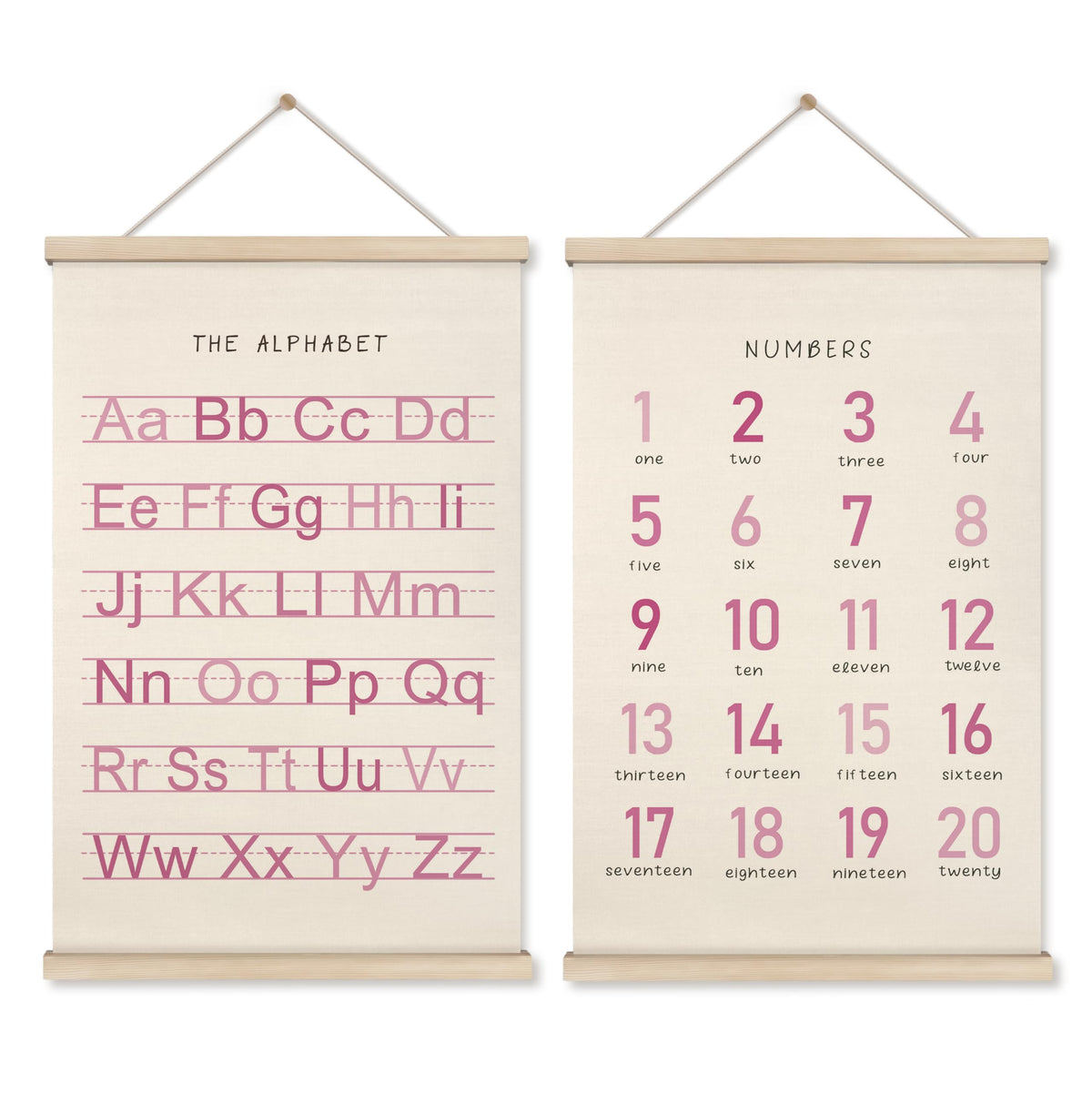 HRQKO Alphabet Numbers Poster Hanger Frame Set of 2, Pink Girls Nursery Wall Decor, ABC Poster Wall Art with Wooden Frames, Pink Alphabet Banner Wall Hanging Decor for Toddler Playroom, 16x24 inch