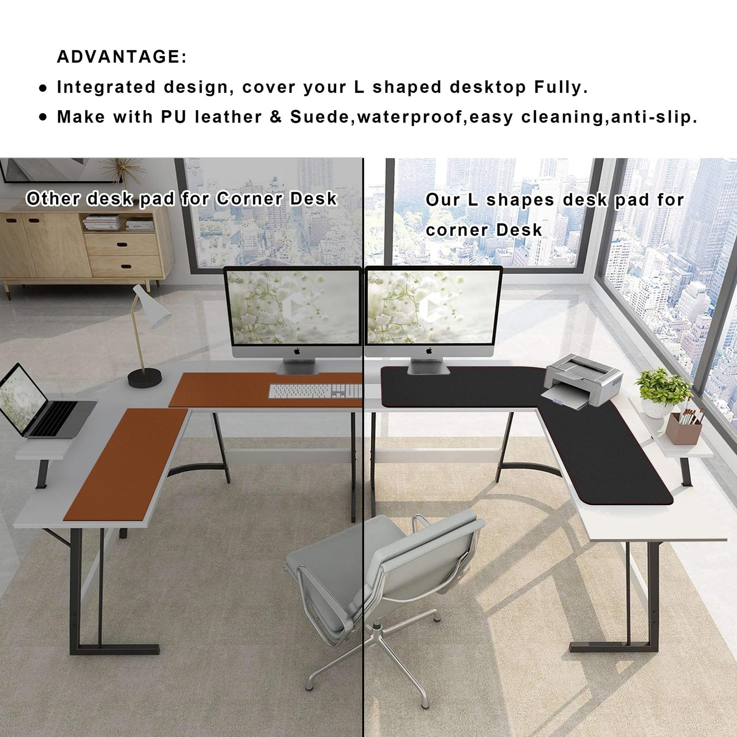 ZORESYN L Shaped Desk Mat 39.4"(L) x 39.4"(S) x 13"(W), Computer Corner Desk Pad, Large Waterproof PU Leather Mouse pad for Corner Desk, Writing Desk Pad Protector - Black
