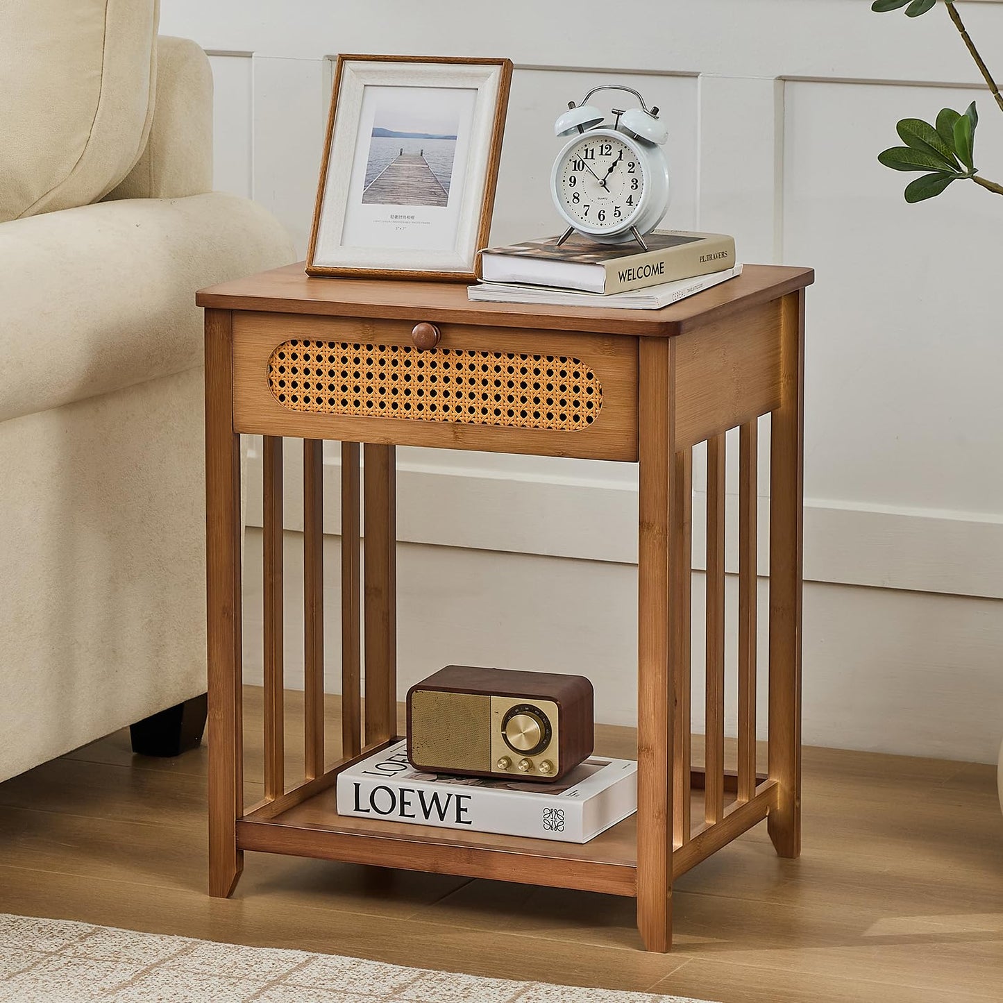 oakvivo Night Stands Set of 2, Rattan Nightstands Bedside Table, 19.7" Wide Bamboo End Bed Tables with Drawer & Open Storage Shelf, Farmhouse Side Tables for Bedroom, Sofa, Small Space, Walnut