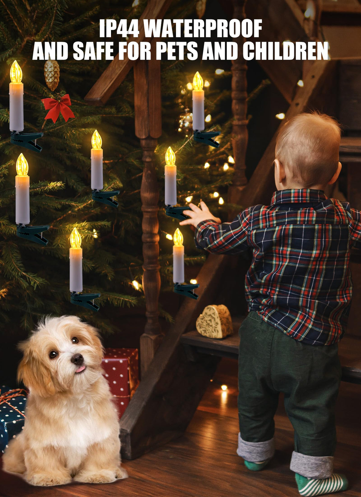 Minetom 50LED Battery Operated Christmas Tree Candles, Flameless 48FT Clip On Lights with 8 Modes, Waterproof Warm White String for Xmas Holiday Wedding Party Home Garden Decor