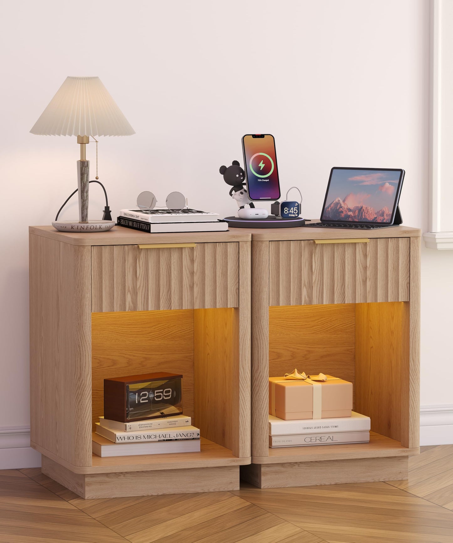 Akxomel Fluted Nightstands Set of 2, Wooden Night Stand with Charging Station and LED Light, Modern Mid Century Bed Side End Table with Drawer, 15" D x 15.7" W x 22.6" H, for Bedroom, Natural Oak