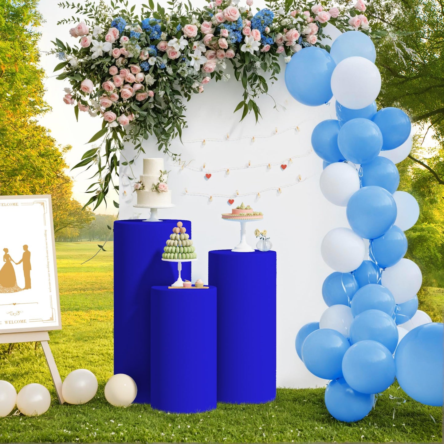 LEBENGURU 3Pcs Cylinder Pedestal Stand Covers Royal Blue, Round Spandex Display Pedestal Covers, Elastic Cloth Plinth Pillar Cover for Parties Wedding Birthday Event Decor Props (Only Covers)
