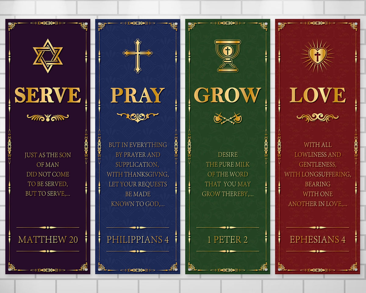 4Pcs Welcome Religious Easter Banners for Church Sanctuary Wall - Hanging Backdrop Worship Christian Nativity Banner Scripture Porch Signs for Easter School Nativity Decor