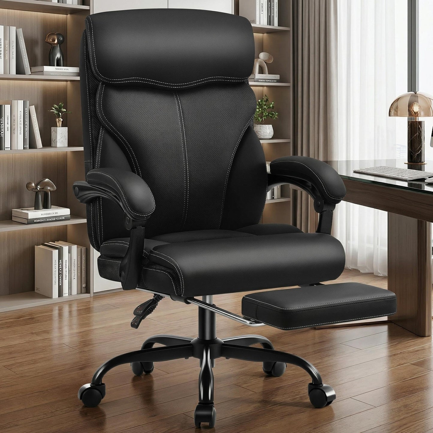 AreShark Ergonomic Office Chair with Footrest - High Back Executive Leather Desk Chair, Breathable Reclining Computer Chair with Lumbar Support, Heavy Duty Swivel Task Chair for Home Office & Gaming
