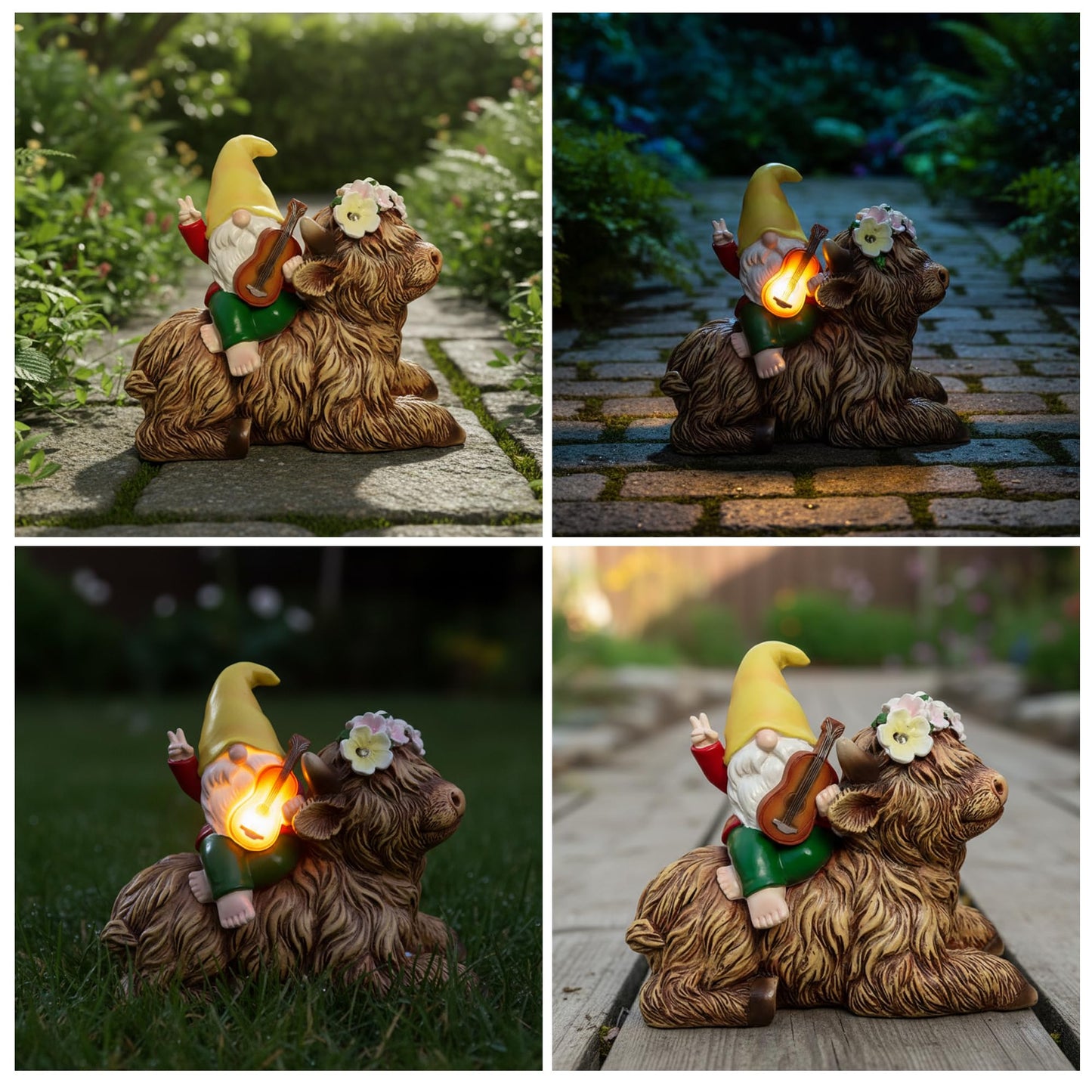 GudaAphrmix Spring Garden Paly The Violin Gnome Highland Cow Solar Statues, Summer Gnome Outdoor Resin Sculpture Decor for Home Table Patio Lawn Yard Porch Balcony, Housewarming