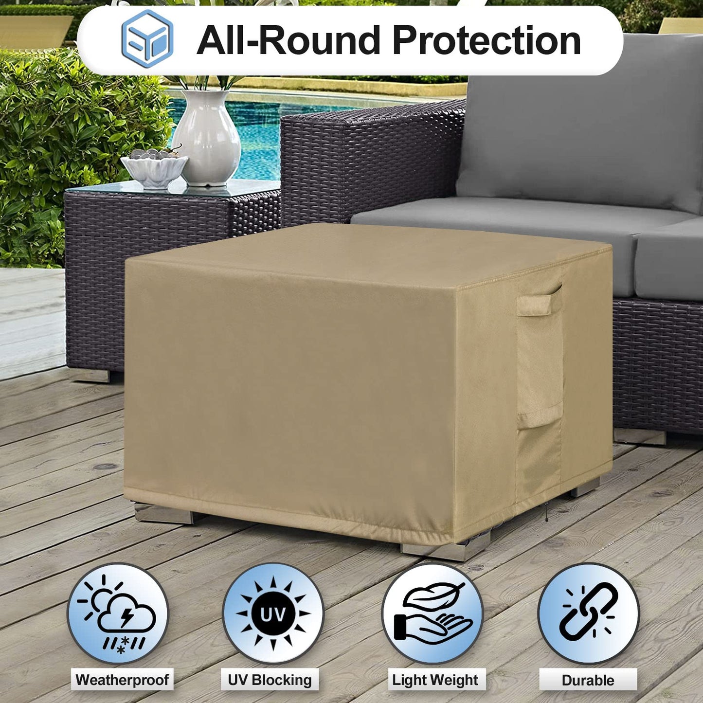 OutdoorLines Outdoor Waterproof Patio Ottoman Covers - Rectangle UV-Proof Patio Side Table Cover Windproof Heavy-Duty Furniture Covering Protector 48L x 25W x 18H Inch, Camel