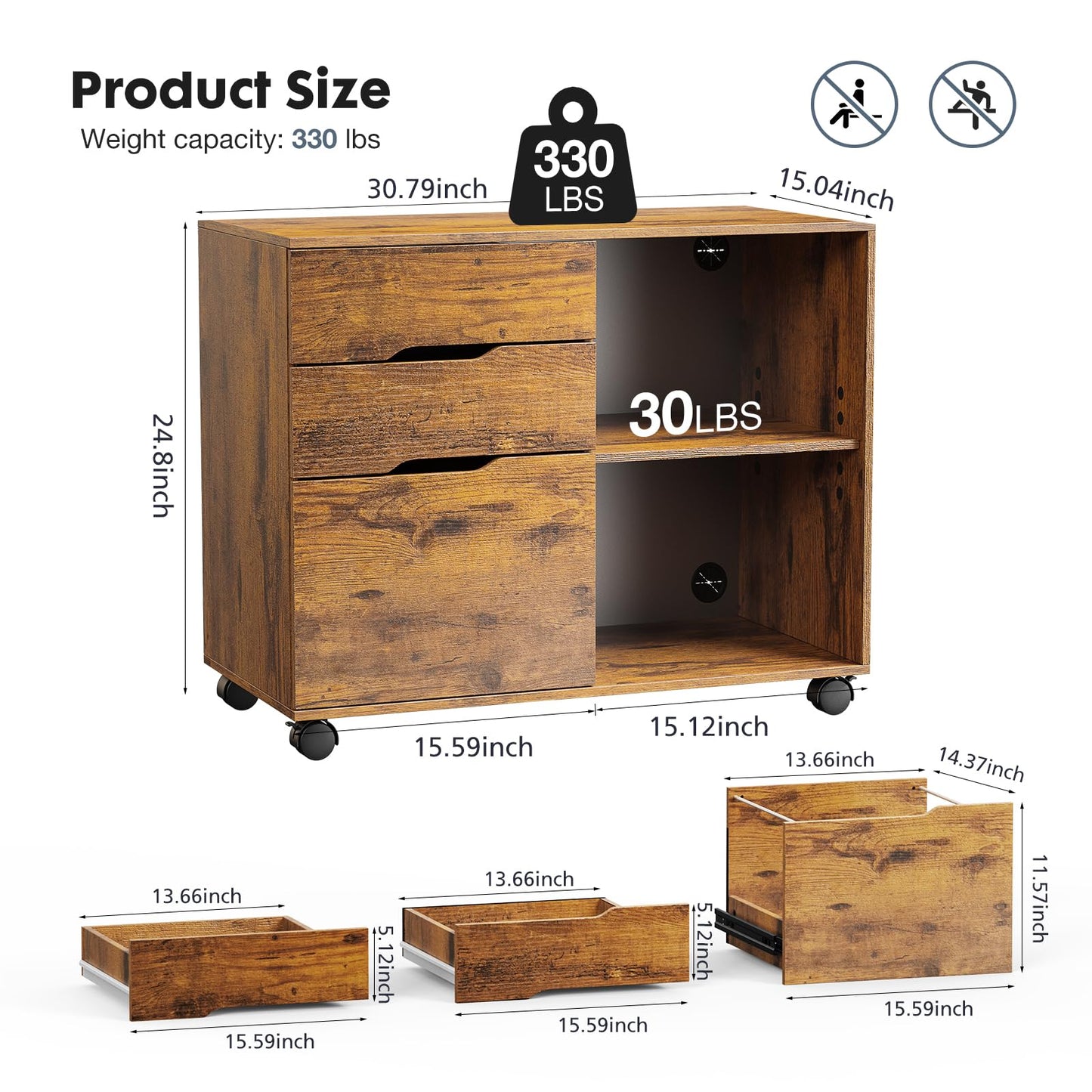 DUMOS Rolling File Cabinet with 3 Drawers, Wood Under Desk Printer Stand with Wheels and Adjustable Shelves, Lateral Filing Cabinet for Home Office, Small Space Storage Organizer, Brown