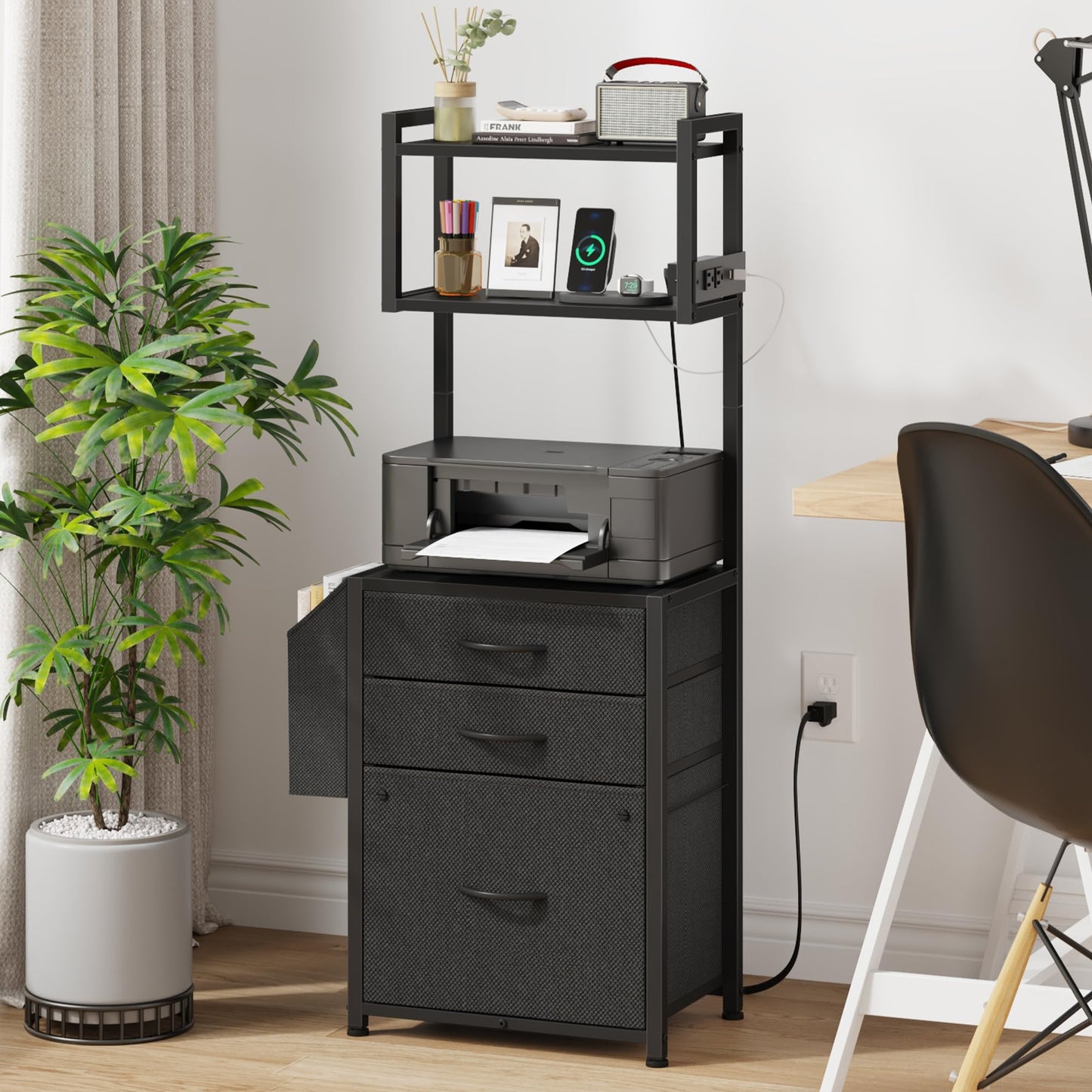 HIGDBFE 3 Drawer File Cabinet with Charging Station, 45''H & 3-Tier