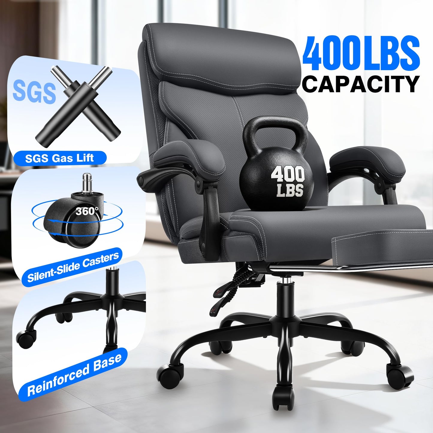 AreShark Office Chair - Ergonomic Comfortable High Back Computer Desk Chair with Foot Rest - Executive Breathable Swivel Rolling Reclining Leather Chair with Lumbar Support for Home Gaming Relaxing