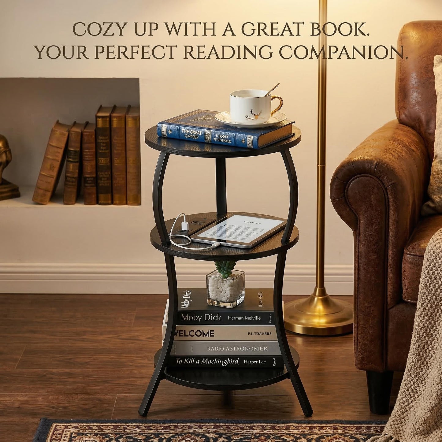Small Round Side Table with Charging Station, 3-Tier Waist Circular End Table with Storage Shelf, Compact Tea Sofa Side Table Small Spaces, Round Corner Coffee Table for Living Room Bedroon,Black