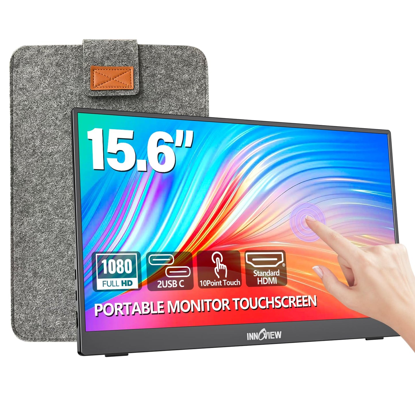 InnoView Portable Monitor Touchscreen 15.6" 1080P 10-Point Touch Screen Monitors Portable with Protective Sleeve Built-in Stand, 1200:1 HDMI USB C Travel Monitor for Laptop, PC, Mac, Phone, Switch