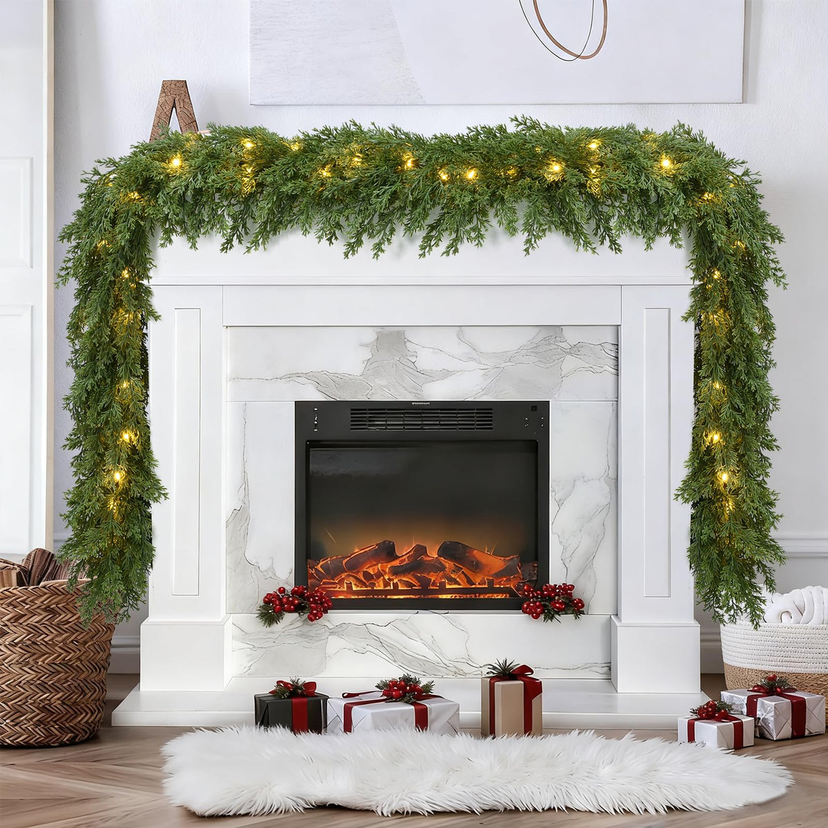 Lvydec Lighted Christmas Pine Garland Decoration, 9ft Realistic Cedar Cypress Garlands Christmas Greenery Garland with Lights for Holiday Mantel Fireplace Table Centerpiece (9ft)