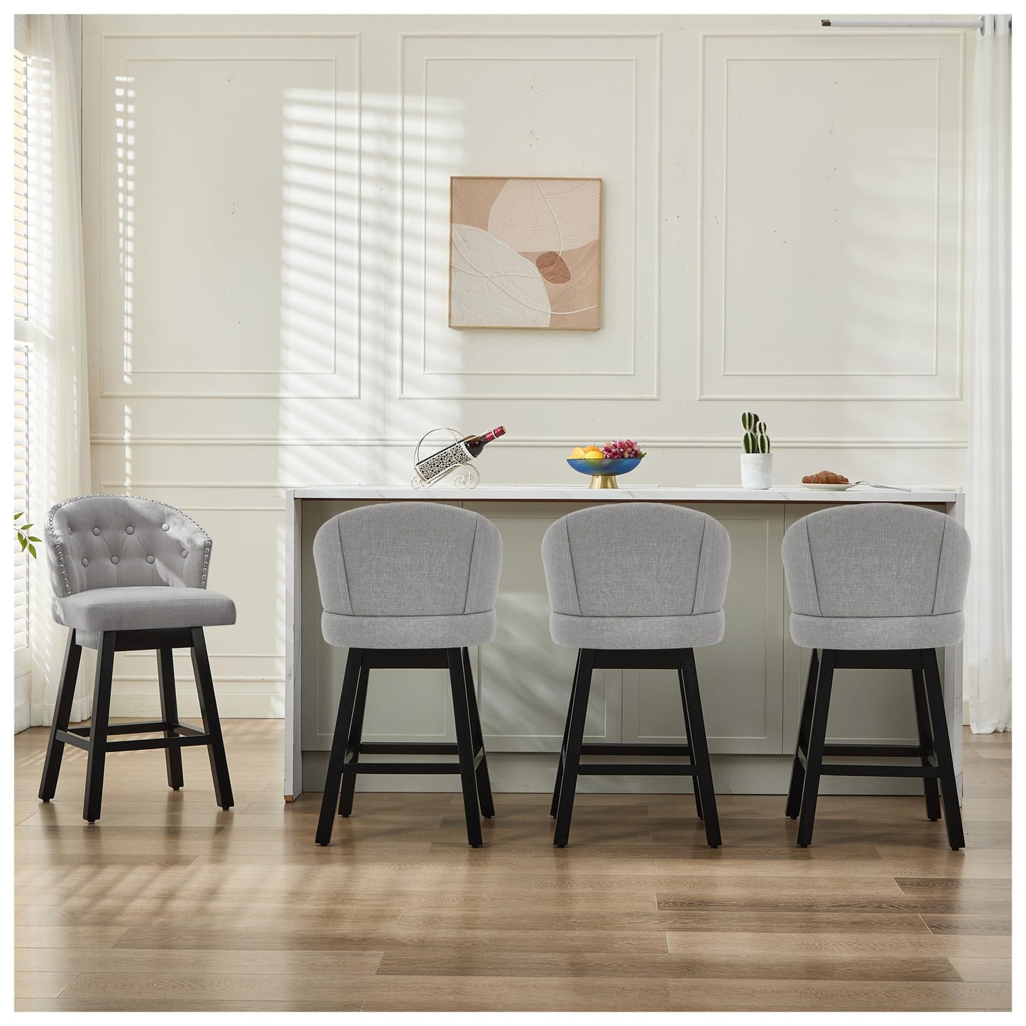 UDAX 26''Swivel Bar Stools Set of 2, Upholstered Barstools with Backs, Modern Counter Height Bar Stool Chairs for Kitchen Island, Wood Legs, Counter Stools
