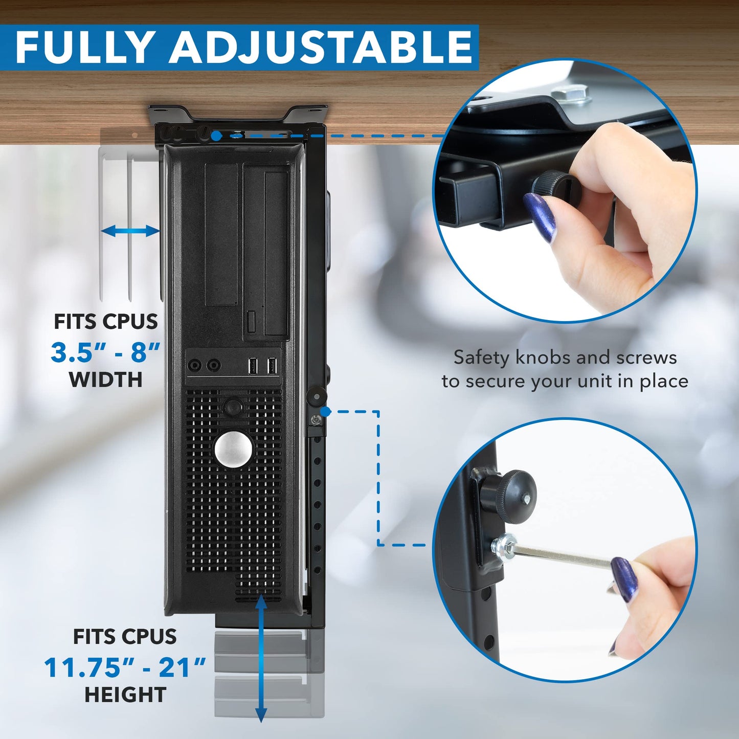 Mount-It! CPU Under Desk Mount Bracket - Computer Tower Wall and Under Counter Holder, 360 Degree Swivel Adjustable Height and Width Wall-Mountable