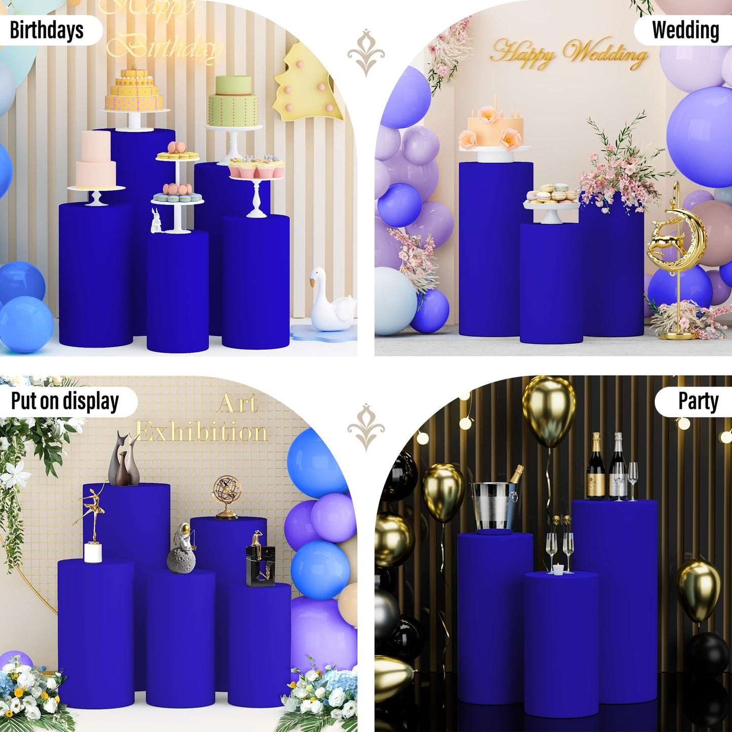 LEBENGURU 3Pcs Cylinder Pedestal Stand Covers Royal Blue, Round Spandex Display Pedestal Covers, Elastic Cloth Plinth Pillar Cover for Parties Wedding Birthday Event Decor Props (Only Covers)