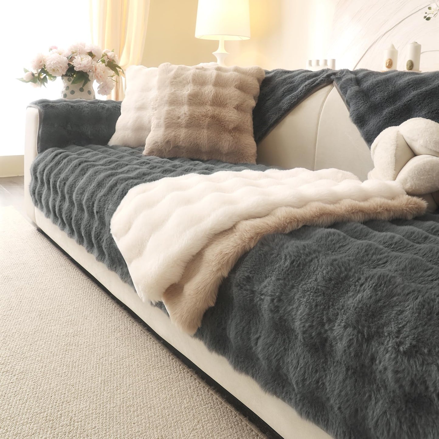 Aucrovee Soft Plush Faux Fur Couch Cover, Thick Warm Fuzzy Sectional Sofa Covers for 3 Cushion Couch Sofa Non Slip Slipcover, Furniture Protector Covers for Pets(1 PCS 36"x94" Dark Grey)